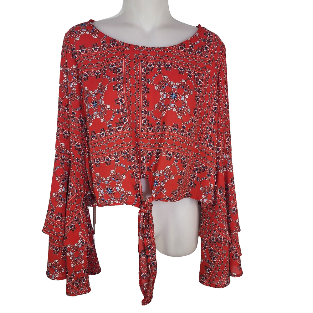 Altar'd State Crop Top Womens Medium Red Bandana Print Bell Sleeve Tie Front
